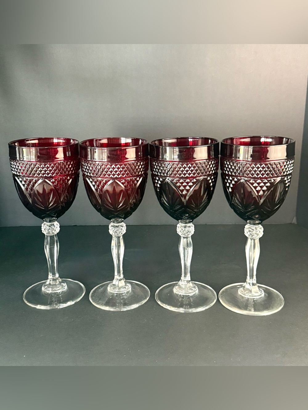 Vintage CRISTAL D'ARQUES Durand ANTIQUE RUBY RED Water Wine glasses  8" Set 4